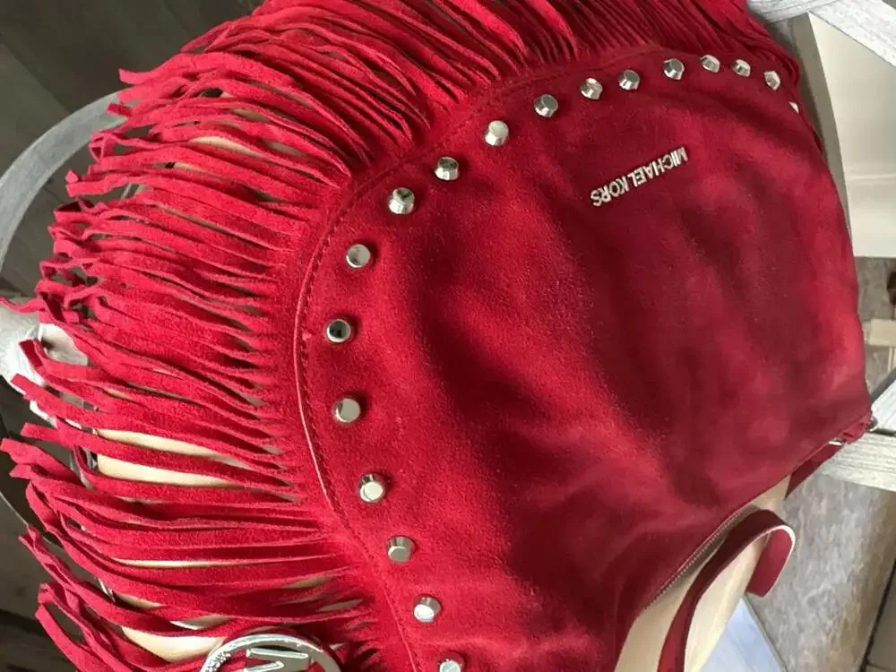 MICHAEL Michael Kors Red Suede Billy Large Fringe Hobo Bag